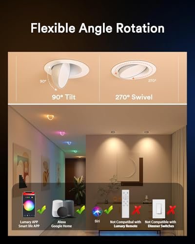 Lumary Smart Gimbal Recessed Lighting 4 Inch Pro, Dual-Controlled CCT Main & RGBAI Auxiliary WiFi LED Recessed Downlights