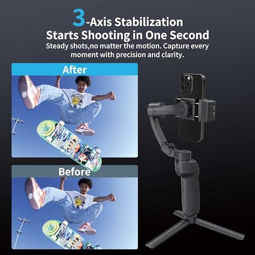3-Axis Gimbal Stabilizer for Smartphone,Handheld Gimbal Tripod for iPhone&Andriod with Fill Light,AI Auto Face/Object Tracking,Foldable Rotating Stabilizer for Phone Video Recording,Vlogging